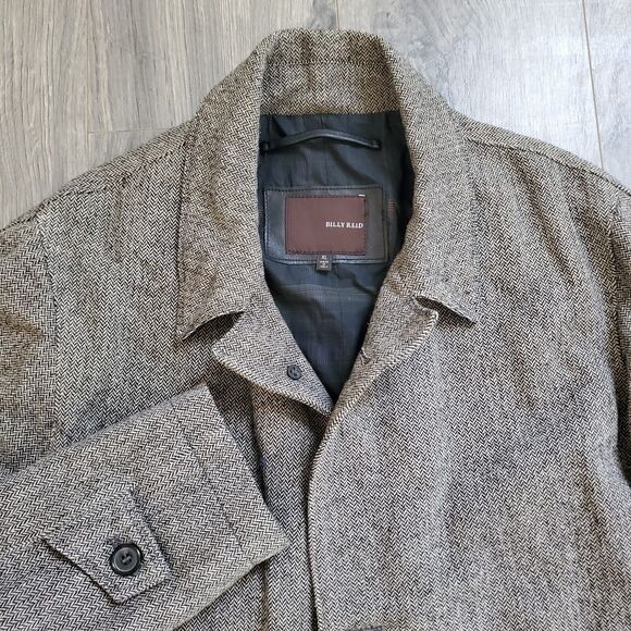 Billy Reid Herringbone Leather Trim Wool Coat Men's Size XL Mid Length Overcoat - Picture 4 of 10